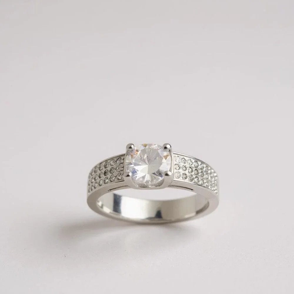 Sterling Silver Crystal Solitaire Ring with Pavé Band
